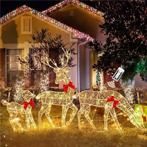 Christmas Decorations Outdoor Set of 3 Light Up Reindeer,  (Warm Light) - Picture 3 of 6